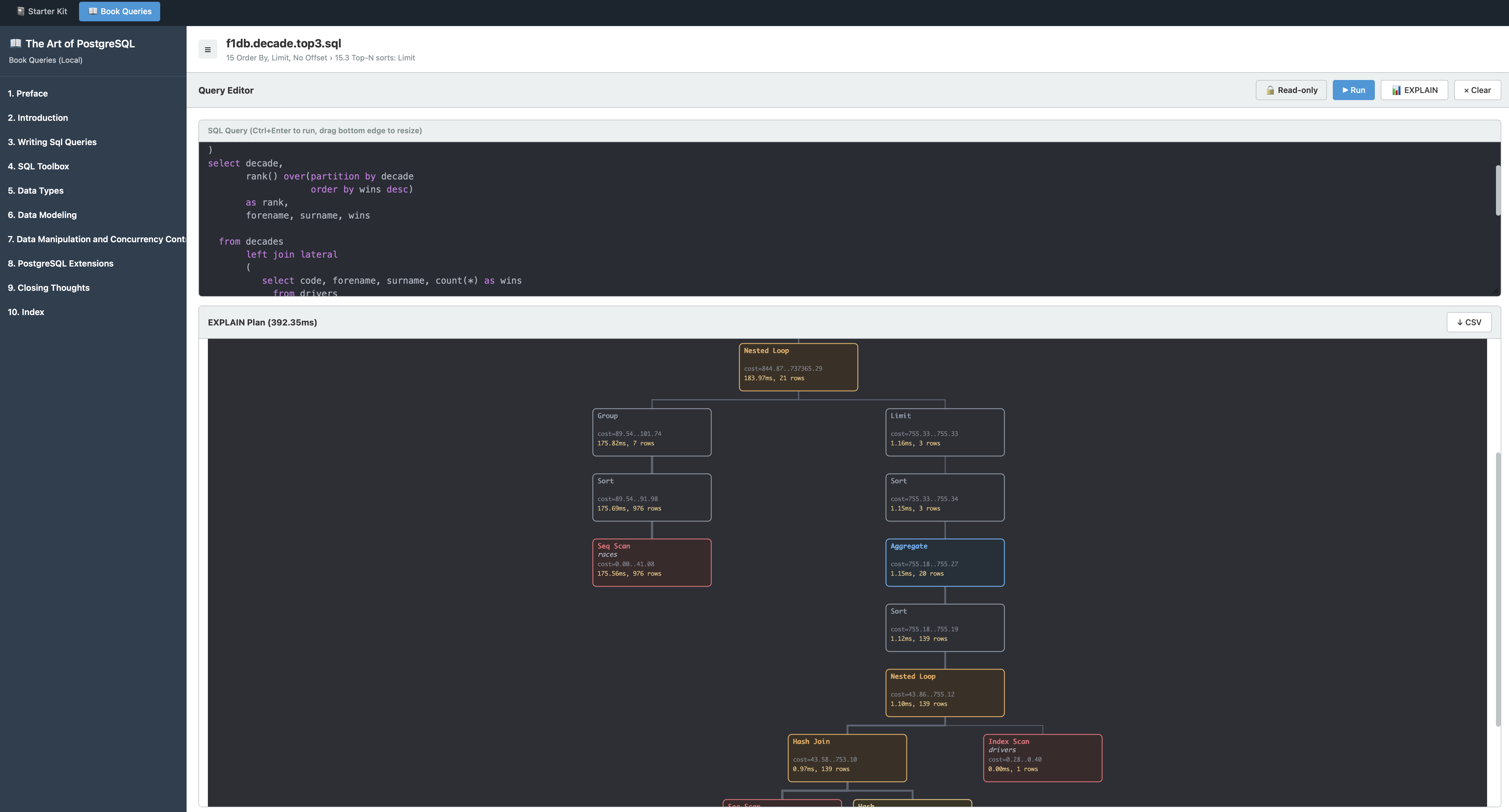 The Lab's query UI showing a SQL query and its EXPLAIN plan side by side.